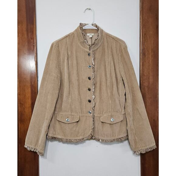 J. Jill Tan Corduroy Button Up Jacket Size Large Ruffles Ribbed Pockets - Picture 10 of 11